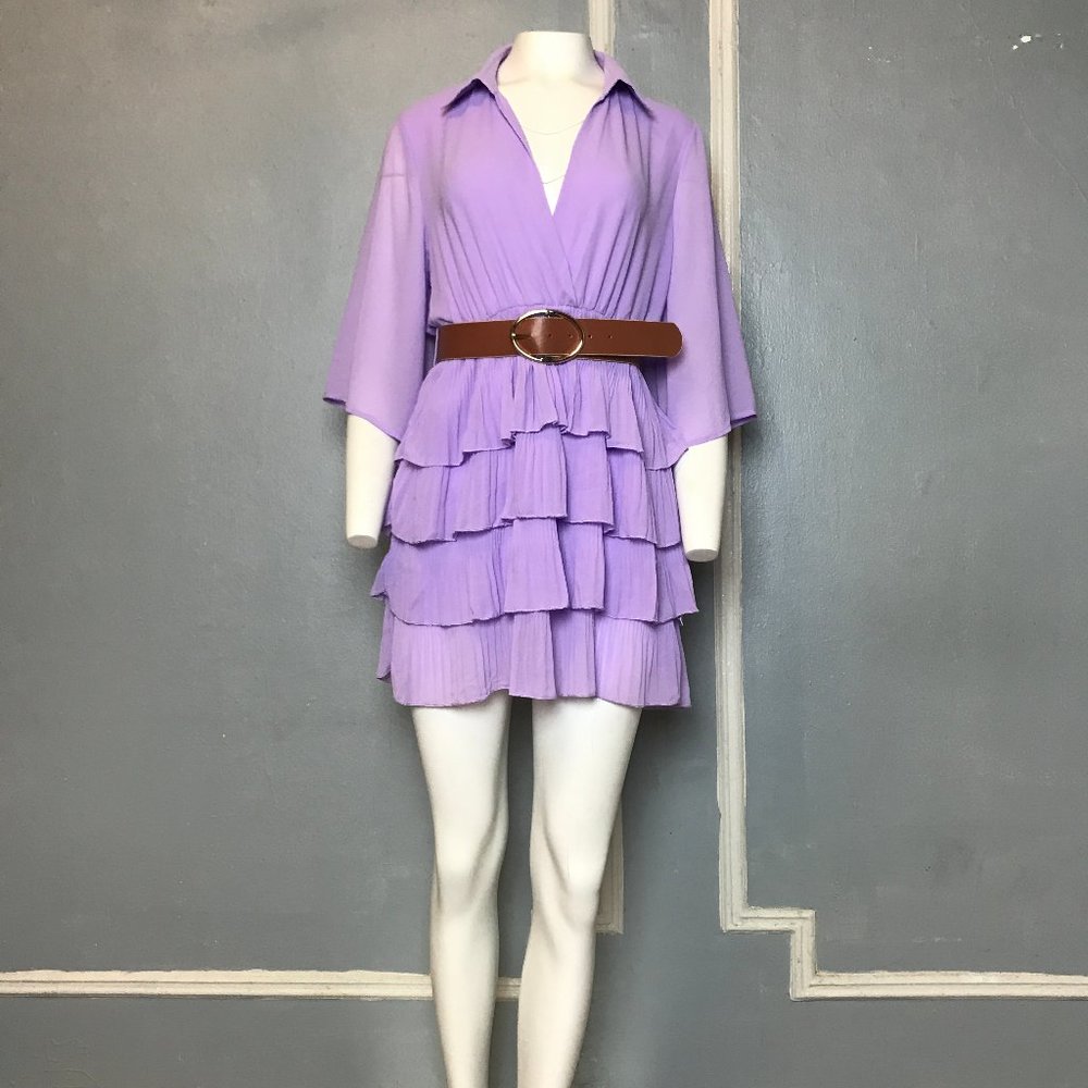 🍀 ZARA PLEATED RUFFLED LILAC DRESS WITH BELT_4